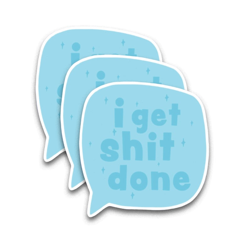 Three light blue speech bubble-shaped stickers with text on a white background