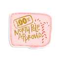Pink label with '100% North Pole Approved' text and candy cane design on a white background