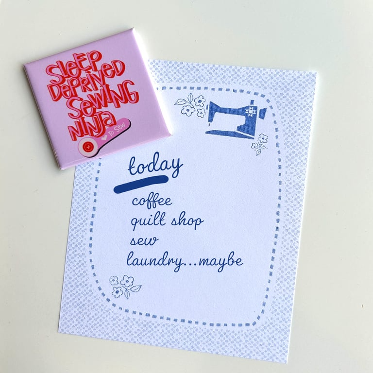 Pink card with 'Sleep Deprived Sewing Ninja' text and a blue card with sewing machine illustration and text on a light gray background.