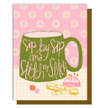 Greeting card with a green mug illustration and text on a pink floral background
