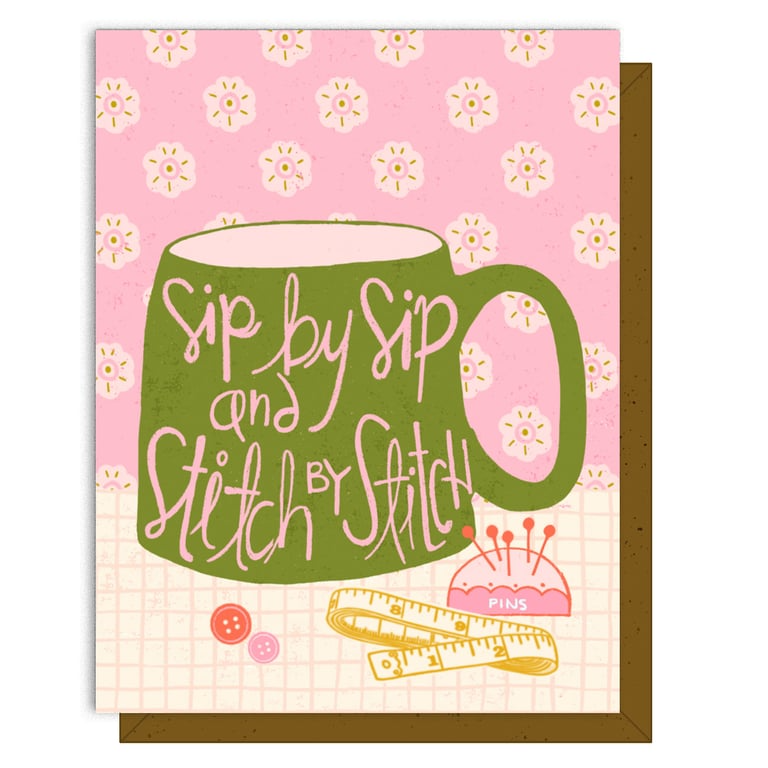 Greeting card with a green mug illustration and text on a pink floral background