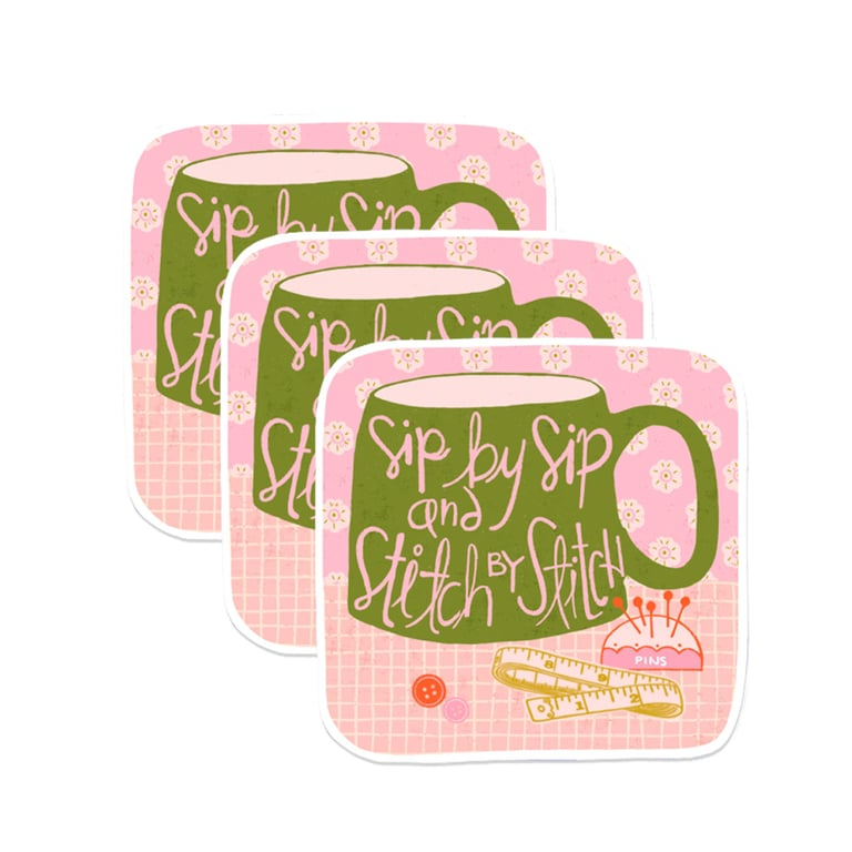 Set of three coasters with a green mug design and 'Sip by Sip and Stitch or Stitch' text on pink backgrounds.